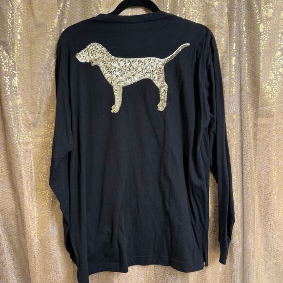 PINK Victorias Secret Black Silver Dog Sequin Bling Campus Top Large - Picture 2 of 6